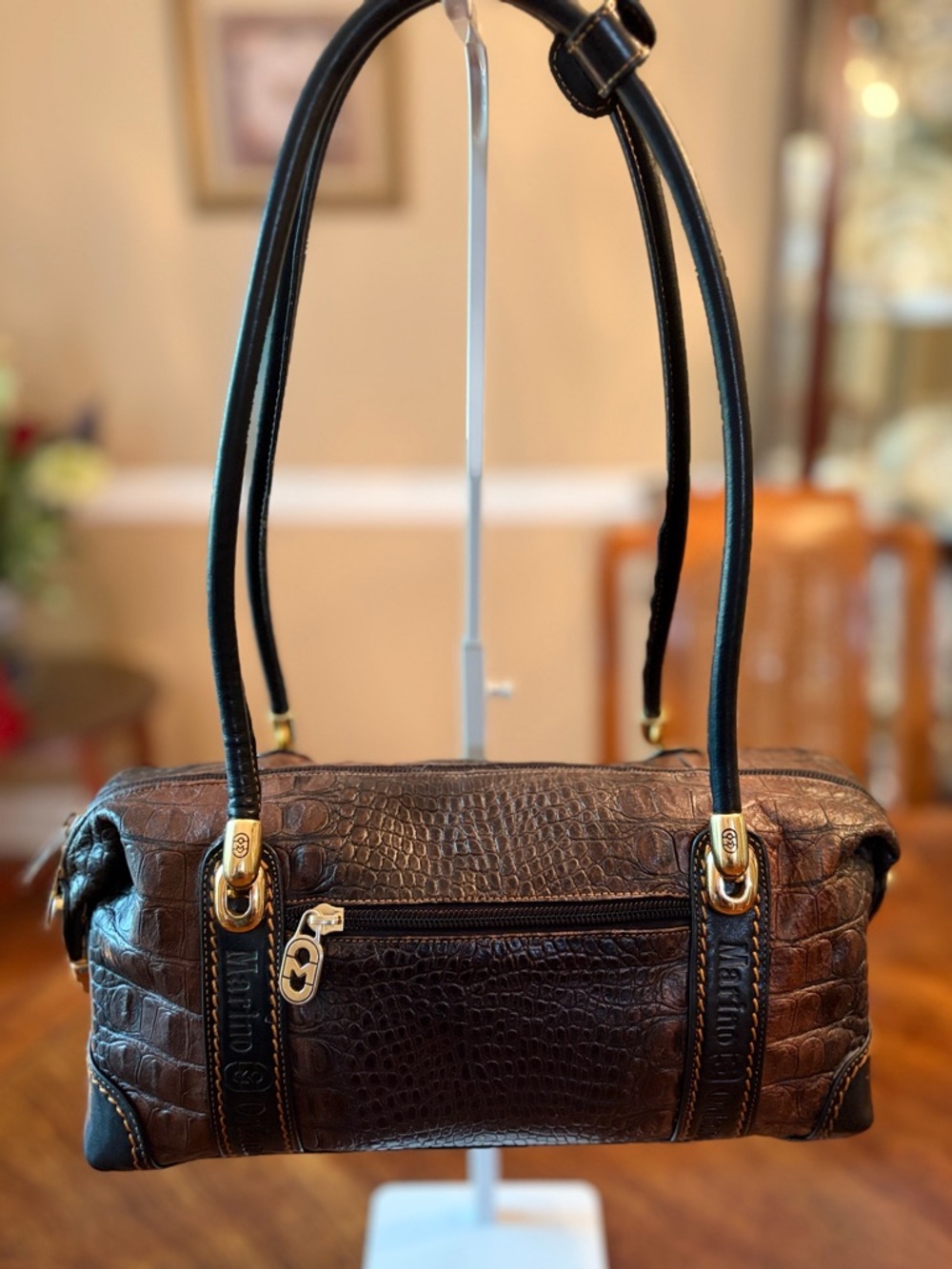 Beautiful Marino Orlandi Blk&Bwn Croc Embossed Leather Baguette Bag EUC!